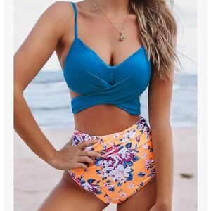 Cupshe Womens Blue Wrap Bikini Set High Waisted Floral Bottoms Size L New